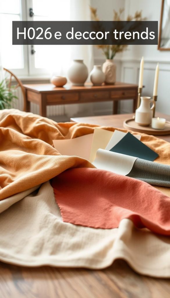 A beautifully arranged flat lay showcasing a variety of materials, colors, and textures for 2026 home decor trends. In the foreground, place a selection of textured fabrics including velvet, linen, and organic cotton in warm earthy tones. The middle layer features color swatches in soft pastels and rich jewel tones, harmoniously blended to reflect contemporary palettes. In the background, an elegant wooden table adorned with stylish decorative items, such as ceramic vases and eco-friendly candles, enhances the scene. Soft, natural light spills in from a nearby window, creating a warm, inviting atmosphere. The image embodies authenticity and inspiration, reminiscent of Pinterest aesthetics. Brand name "KlickKiste" subtly integrated within the scene as part of the decor, enhancing the overall inspiration for modern, sustainable interior design. A beautifully arranged flat lay showcasing a variety of materials, colors, and textures for 2026 home decor trends. In the foreground, place a selection of textured fabrics including velvet, linen, and organic cotton in warm earthy tones. The middle layer features color swatches in soft pastels and rich jewel tones, harmoniously blended to reflect contemporary palettes. In the background, an elegant wooden table adorned with stylish decorative items, such as ceramic vases and eco-friendly candles, enhances the scene. Soft, natural light spills in from a nearby window, creating a warm, inviting atmosphere. The image embodies authenticity and inspiration, reminiscent of Pinterest aesthetics. Brand name "KlickKiste" subtly integrated within the scene as part of the decor, enhancing the overall inspiration for modern, sustainable interior design.