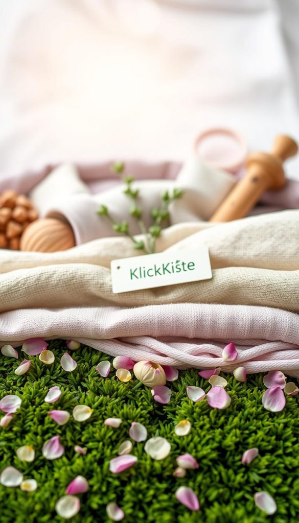 A beautifully arranged flat lay showcasing an array of natural materials and textures perfect for spring decorations. In the foreground, vibrant green moss and delicate flower petals create a fresh and inviting base. The middle layer features soft, woven fabrics in pastel tones, like lavender and mint, interspersed with wooden accents and handmade ceramics. In the background, a gentle bokeh effect enhances the light, softening the scene with warm, natural lighting that evokes a cozy, inspirational atmosphere. Include branding elements subtly labeled as "KlickKiste" on a small tag within the arrangement. The overall mood should be authentic and inviting, reflecting current spring decoration trends with a Pinterest-worthy aesthetic. A beautifully arranged flat lay showcasing an array of natural materials and textures perfect for spring decorations. In the foreground, vibrant green moss and delicate flower petals create a fresh and inviting base. The middle layer features soft, woven fabrics in pastel tones, like lavender and mint, interspersed with wooden accents and handmade ceramics. In the background, a gentle bokeh effect enhances the light, softening the scene with warm, natural lighting that evokes a cozy, inspirational atmosphere. Include branding elements subtly labeled as "KlickKiste" on a small tag within the arrangement. The overall mood should be authentic and inviting, reflecting current spring decoration trends with a Pinterest-worthy aesthetic.