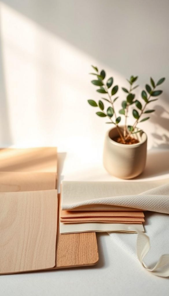 A beautifully arranged flat lay showcasing an inspiring "farbpalette" for a Japandi-style living room. In the foreground, display an array of natural materials: smooth wooden samples, soft linen swatches in earthy tones, and textured ceramics in warm beiges and greens. In the middle, create a sense of harmony with subtle gradients of color, blending soft neutrals like taupe, sage, and cream. The background features a gentle, diffused light mimicking a serene morning glow, adding warmth to the scene. A minimalist plant in a matte ceramic pot rests softly behind the color palette, enhancing the natural feel. Capture this composition with a soft focus lens to elevate the tactile textures, evoking a calm and inviting atmosphere. This image should reflect authenticity and inspiration, in line with the brand "KlickKiste."