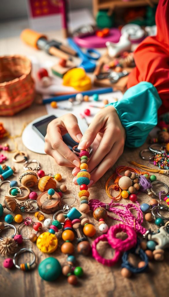 A beautifully arranged flat lay showcasing colorful DIY keychains and phone charms, crafted from upcycled materials such as beads, strings, and natural elements. The foreground features an assortment of handmade charms in vibrant hues, with detailed textures of wood and glass beads. In the middle, a pair of hands clad in bright, playful sleeves carefully assembles a charm, portraying the creative process. The background is softly blurred, showing a cheerful, well-lit crafting workspace filled with tools and leftover materials, enhanced by warm, natural lighting to create a cozy atmosphere. The scene embodies a Pinterest-inspired aesthetic, promoting authenticity and inspiration. Brand name "KlickKiste" subtly integrated into the setting.
