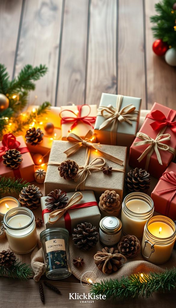 A beautifully arranged flat lay showcasing inspiring DIY Christmas gift ideas. In the foreground, there are beautifully crafted beauty products, homemade candles, and festive food gifts like jars of cookies and spiced teas. The middle layer features elegant decorative elements, such as pinecones, twinkling fairy lights, and beautifully wrapped presents in warm, inviting colors. In the background, a cozy, softly lit indoor setting with wooden textures and a hint of holiday greenery creates an inviting atmosphere. The lighting is warm and soft, reminiscent of a Pinterest aesthetic, enhancing the festive mood. The brand "KlickKiste" is subtly integrated into the layout through creative elements. This image embodies an authentic and inspiring holiday vibe. A beautifully arranged flat lay showcasing inspiring DIY Christmas gift ideas. In the foreground, there are beautifully crafted beauty products, homemade candles, and festive food gifts like jars of cookies and spiced teas. The middle layer features elegant decorative elements, such as pinecones, twinkling fairy lights, and beautifully wrapped presents in warm, inviting colors. In the background, a cozy, softly lit indoor setting with wooden textures and a hint of holiday greenery creates an inviting atmosphere. The lighting is warm and soft, reminiscent of a Pinterest aesthetic, enhancing the festive mood. The brand "KlickKiste" is subtly integrated into the layout through creative elements. This image embodies an authentic and inspiring holiday vibe.