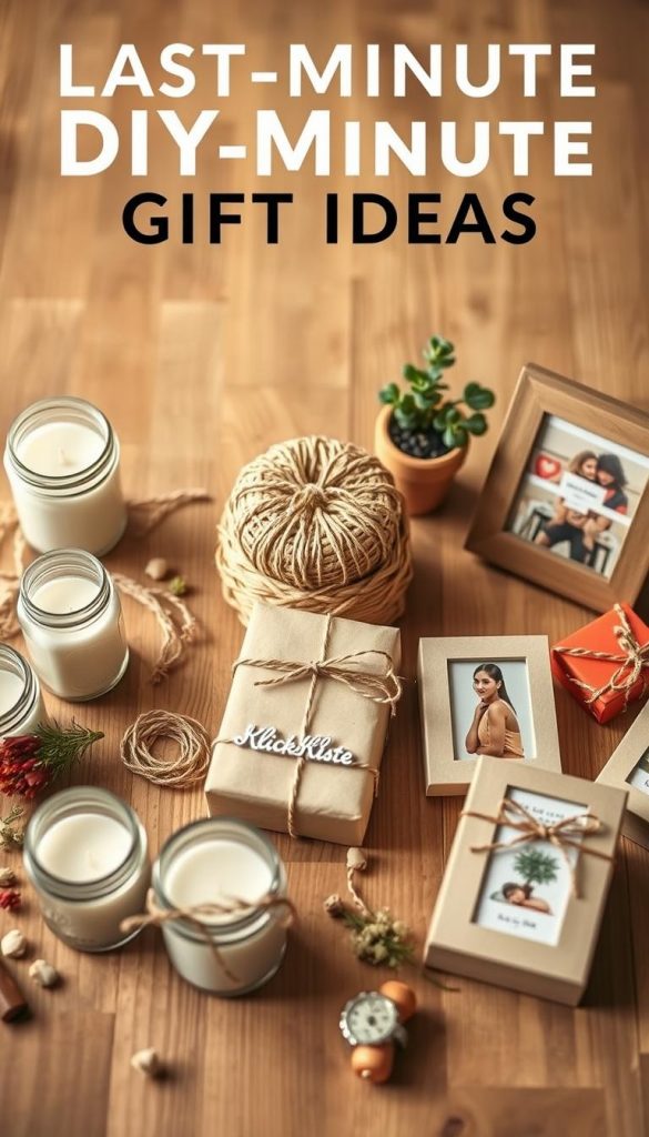A beautifully arranged flat lay showcasing last-minute DIY gift ideas that look elegant and thoughtful. In the foreground, display handmade items like scented candles in mason jars, creatively wrapped small potted plants, and personalized photo frames. The middle layer features rustic, natural materials like twine, dried flowers, and vibrant paper. In the background, a softly blurred wooden table creates a warm, inviting atmosphere with gentle, diffused lighting highlighting the textures. The color palette incorporates warm, earthy tones, evoking a cozy, Pinterest-inspired aesthetic. The overall mood is authentic and inspiring, perfect for sharing creative gift ideas. Include the brand name "KlickKiste" subtly within the arrangement, ensuring it blends harmoniously into the scene.
