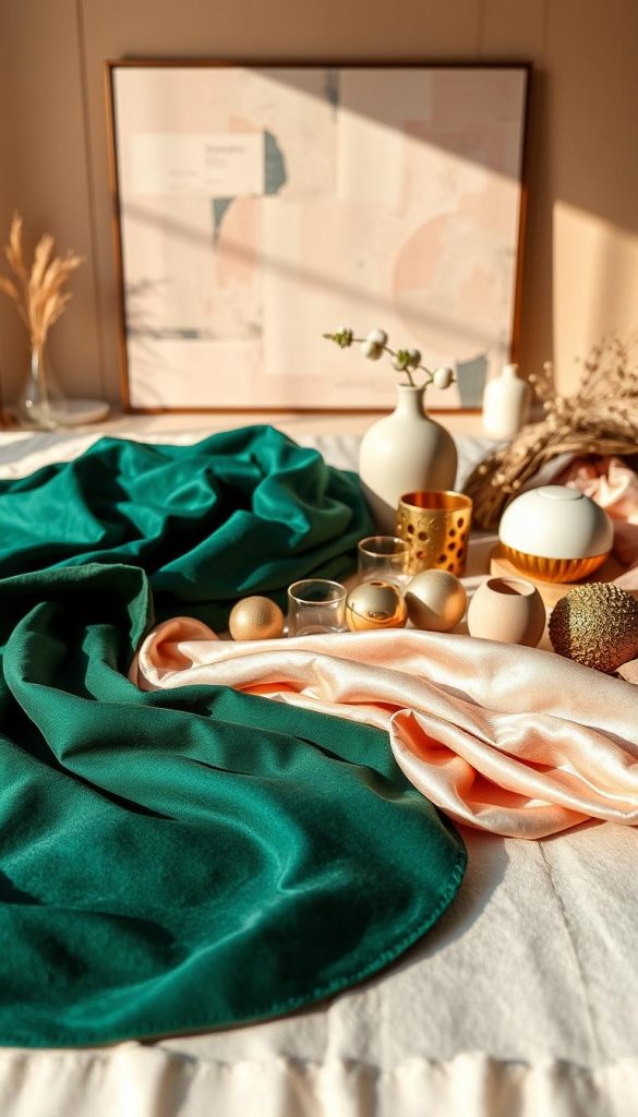 A beautifully arranged flat lay showcasing luxurious materials, colors, and textures. In the foreground, a selection of rich fabrics in deep emerald green, soft blush, and muted gold, gently draped and layered. In the middle, various decorative elements like elegant ceramics, glass accents, and scattered metallic details that shine subtly in the light. In the background, a soft-focus, warm-toned wall adorned with elegant abstract art, creating an inspiring Pinterest look. Natural lighting casts a warm glow, highlighting the textures of the fabrics and the sheen of the decorative pieces. The overall atmosphere exudes sophistication and a cozy elegance, reflecting the brand "KlickKiste" in a stylish, inviting manner. A beautifully arranged flat lay showcasing luxurious materials, colors, and textures. In the foreground, a selection of rich fabrics in deep emerald green, soft blush, and muted gold, gently draped and layered. In the middle, various decorative elements like elegant ceramics, glass accents, and scattered metallic details that shine subtly in the light. In the background, a soft-focus, warm-toned wall adorned with elegant abstract art, creating an inspiring Pinterest look. Natural lighting casts a warm glow, highlighting the textures of the fabrics and the sheen of the decorative pieces. The overall atmosphere exudes sophistication and a cozy elegance, reflecting the brand "KlickKiste" in a stylish, inviting manner.