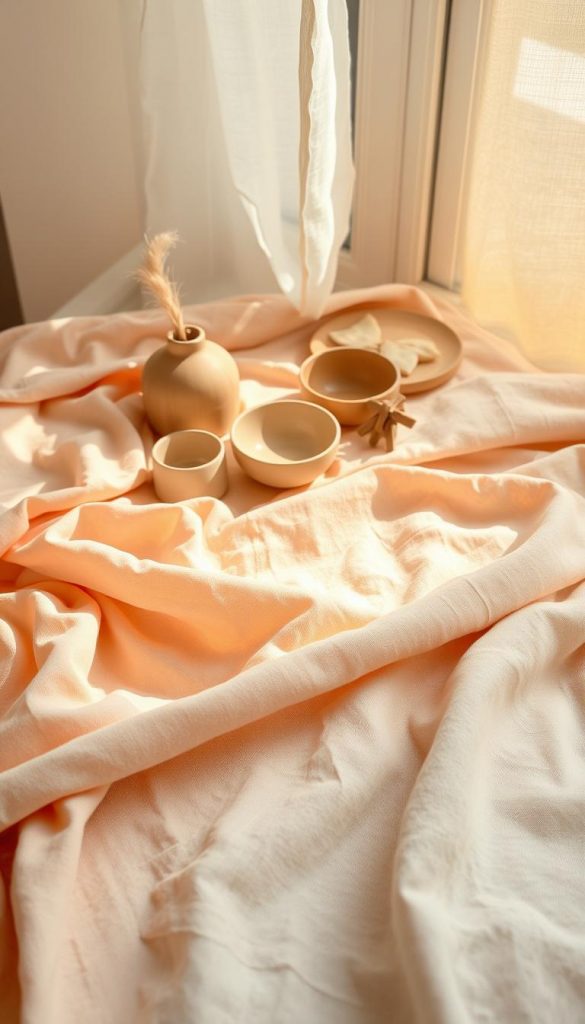 A beautifully arranged flat lay showcasing natural linen materials in warm summer colors, emphasizing textures and the play of light. In the foreground, soft, draped linen fabrics in shades of soft peach, pale olive, and sandy beige elegantly overlap. The middle ground features delicate accessories, like handcrafted ceramic bowls and wooden elements, hinting at a DIY aesthetic, evoking authenticity. In the background, a sunlit window casts warm, diffused light that creates subtle shadows and highlights the fabric's texture. The overall mood is inviting and serene, capturing the essence of "KlickKiste" as a source of summer-inspired creativity. This composition should reflect a Pinterest-worthy look, harmonizing colors and materials to illustrate the interplay of light and texture. A beautifully arranged flat lay showcasing natural linen materials in warm summer colors, emphasizing textures and the play of light. In the foreground, soft, draped linen fabrics in shades of soft peach, pale olive, and sandy beige elegantly overlap. The middle ground features delicate accessories, like handcrafted ceramic bowls and wooden elements, hinting at a DIY aesthetic, evoking authenticity. In the background, a sunlit window casts warm, diffused light that creates subtle shadows and highlights the fabric's texture. The overall mood is inviting and serene, capturing the essence of "KlickKiste" as a source of summer-inspired creativity. This composition should reflect a Pinterest-worthy look, harmonizing colors and materials to illustrate the interplay of light and texture.