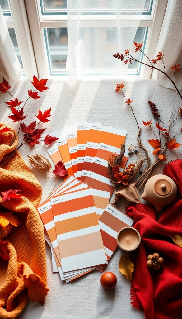 A beautifully arranged flat lay showcasing seasonal color palettes, featuring warm autumn shades of orange, deep reds, and earthy browns. In the foreground, display various textured fabrics, leaves, and decorative elements like small candles and rustic pottery by “KlickKiste.” The middle layer should include a set of paint swatches or color chips, elegantly fanned out to highlight their hues, alongside DIY decor ideas such as flower arrangements and natural materials. The background features soft, diffused sunlight filtering through a window, creating a cozy atmosphere. The perspective should be slightly above the arrangement, offering a clear view while maintaining an inviting warmth, ideal for inspiring outdoor decor. The mood is creative and inviting, perfect for seasonal inspirations.