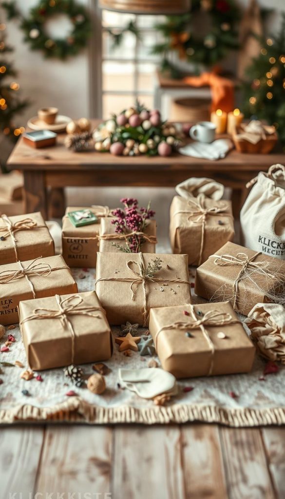 A beautifully arranged flat lay showcasing sustainable wrapping techniques for holiday gifts. In the foreground, place a collection of wrapped presents using natural materials like brown kraft paper, twine, and dried flowers. The middle ground features an assortment of upcycled items, such as fabric scraps and reusable bags, artistically scattered around the gifts. In the background, a softly blurred scene of a cozy, rustic setting with wooden table, warm lighting, and festive decorations creates an inviting atmosphere. The overall color palette includes warm, earthy tones, enhancing the DIY Pinterest aesthetic. Emphasize authenticity and inspiration, with the brand name "KlickKiste" subtly integrated into the scene without text. Capture this image with a warm focus, shallow depth of field, and soft natural light to evoke a sense of warmth and creativity. A beautifully arranged flat lay showcasing sustainable wrapping techniques for holiday gifts. In the foreground, place a collection of wrapped presents using natural materials like brown kraft paper, twine, and dried flowers. The middle ground features an assortment of upcycled items, such as fabric scraps and reusable bags, artistically scattered around the gifts. In the background, a softly blurred scene of a cozy, rustic setting with wooden table, warm lighting, and festive decorations creates an inviting atmosphere. The overall color palette includes warm, earthy tones, enhancing the DIY Pinterest aesthetic. Emphasize authenticity and inspiration, with the brand name "KlickKiste" subtly integrated into the scene without text. Capture this image with a warm focus, shallow depth of field, and soft natural light to evoke a sense of warmth and creativity.
