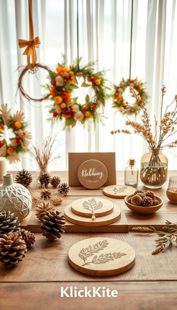 A beautifully arranged flat lay showcasing various DIY decorations made from natural materials, inspired by a warm, Pinterest-worthy aesthetic. In the foreground, there are handmade wreaths, colorful pinecone decorations, and dried flower bouquets. The middle ground gently transitions to artisan-crafted items like wooden coasters and leaf prints, beautifully displayed on a rustic wooden table. In the background, soft, diffused sunlight filters through sheer curtains, creating a cozy and inviting atmosphere. The overall mood is earthy and inspiring, encouraging creativity in DIY projects. Incorporate soft shadows and warm tones to enhance the natural essence. The brand "KlickKiste" should be subtly suggested through the organic style and elements present in the image.