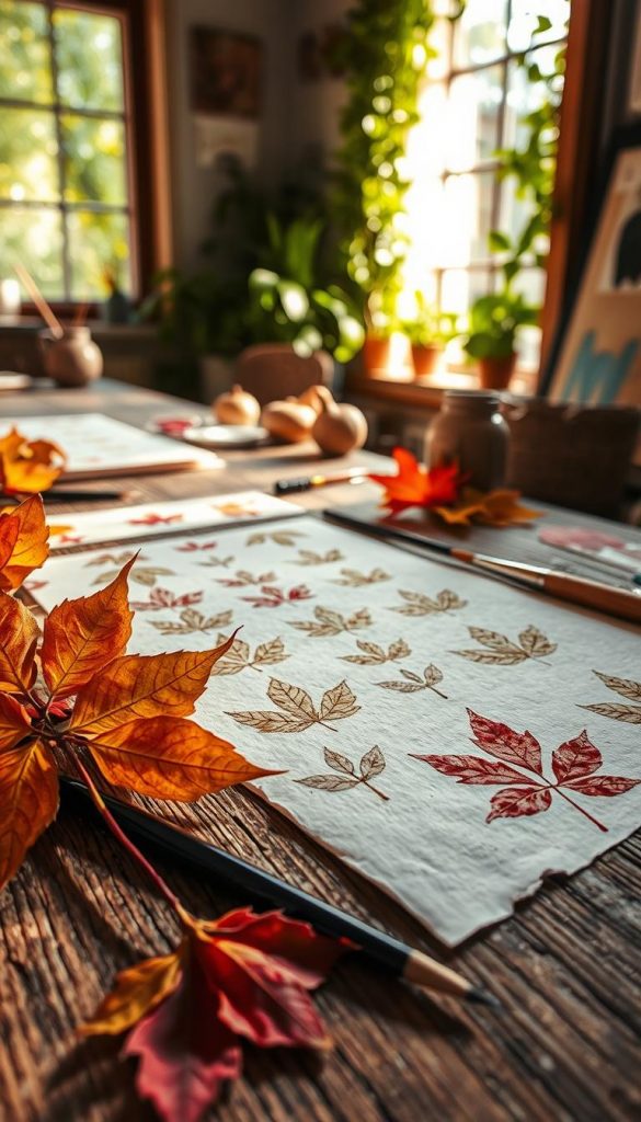 A beautifully arranged focus on a "blätterdruck papier" scene, showcasing delicate leaf prints on textured, eco-friendly paper laid flat on a rustic wooden table. The foreground features vibrant autumn leaves in rich hues of orange, red, and yellow, carefully placed beside paint brushes and natural dyes, inviting the viewer into the art creation process. In the middle, the paper displays intricate leaf impressions, with soft sunlight illuminating the patterns, casting gentle shadows that add depth. The background features hints of a cozy workspace, with greenery peeking through an open window, evoking a warm, inviting atmosphere perfect for creative autumn projects. The overall mood is inspired, authentic, and inviting, resonating with nature's beauty. Ideal for a Pinterest aesthetic, reflecting the essence of DIY creativity by KlickKiste.