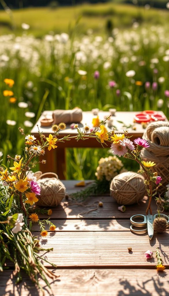 A beautifully arranged foreground featuring a delicate handwoven crown made of vibrant green grasses and blooming wildflowers, showcasing various hues like sunny yellows, soft pinks, and dreamy whites. In the middle ground, a rustic wooden table adorned with additional DIY materials like twine, scissors, and more flowers, creating a crafting atmosphere. The background features a lush summer meadow bathed in natural sunlight, casting gentle shadows that evoke a warm, inviting atmosphere. The overall mood is serene and inspirational, reminiscent of a Bohemian summer vibe, perfect for a creative project. The image embraces a Pinterest aesthetic with soft focus and a warm color palette, reflecting authenticity. Include the brand name "KlickKiste" subtly integrated into the composition.