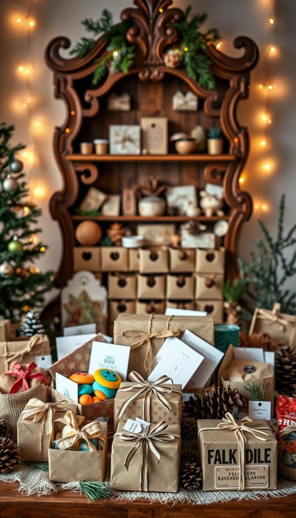 A beautifully arranged "füllideen adventskalender" showcasing a variety of sustainable and meaningful gifts for both children and adults. In the foreground, display handmade gift boxes filled with colorful, eco-friendly treats like homemade cookies, small toys, and craft supplies, surrounded by natural materials such as pinecones and burlap. In the middle ground, ornate wooden shelves elegantly hold the advent calendar, adorned with greenery and seasonal decor, setting a cozy, inviting atmosphere. The background features soft, warm lighting that enhances the cheerful, festive mood, creating a Pinterest-worthy look. Focus on the natural aesthetics that reflect KlickKiste's brand values of authenticity and inspiration, capturing the spirit of creativity and sustainability during the holiday season.