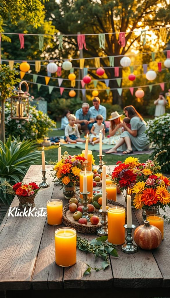 A beautifully arranged garden party scene reflecting seasonal decorations for spring, summer, and late summer/autumn. In the foreground, a rustic wooden table adorned with vibrant, natural DIY decorations featuring fresh flowers, fruits, and handmade candles in warm tones. The middle ground showcases families enjoying the festivities, dressed in modest casual clothing, surrounded by colorful picnic blankets and cheerful decorations like lanterns and bunting. In the background, lush green plants and trees create a serene atmosphere, softly lit by golden hour sunlight filtering through the leaves. The overall mood is inviting and inspiring, highlighting a cozy family gathering with a Pinterest-inspired aesthetic. Include subtle branding elements of "KlickKiste" woven into the design.