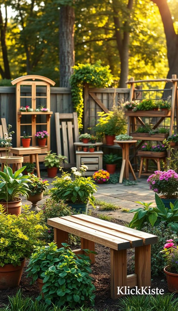A beautifully arranged garden scene showcasing sustainable and creative wooden DIY projects. In the foreground, a handcrafted wooden bench is surrounded by lush green plants and colorful flower pots, giving a cozy and inviting vibe. The middle ground features a variety of upcycled wooden plant stands and a charming trellis made from reclaimed wood, adorned with climbing vines and flowers. The background reveals soft sunlight filtering through the trees, creating warm and natural lighting that enhances the atmosphere of tranquility and inspiration. The overall mood should be warm and earthy, reminiscent of a Pinterest aesthetic, inviting families to explore their creativity in gardening. Include subtle branding elements of "KlickKiste" integrated into the scene.