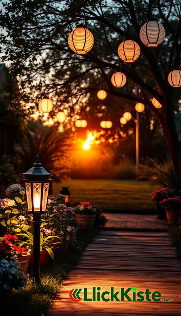 A beautifully arranged garden scene showcasing warm, inviting lighting designed for outdoor decor. In the foreground, an elegant solar lamp with a soft glow illuminates a rustic wooden pathway, surrounded by potted plants and blooming flowers. The middle ground features a harmonious blend of soft-colored lanterns hanging from tree branches, casting gentle shadows on the grass below. In the background, a tranquil sunset bathes the garden in warmth, accentuating the natural beauty of the surroundings. Focus on a cozy, vibrant atmosphere, avoiding harsh or overly bright light sources. Capture this scene with a slight upward angle to emphasize depth and layering. The overall aesthetic should reflect a natural DIY look, in line with the brand KlickKiste, creating an inspiring and authentic garden ambiance.