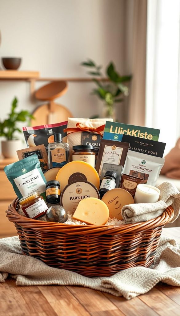 A beautifully arranged gift basket filled with a variety of gourmet delicacies, such as artisanal cheeses, premium chocolates, handcrafted jams, and organic snacks, all designed to inspire a warm and inviting atmosphere. The basket is accented with spa items like scented candles, essential oils, and a soft towel, showcasing a wellness theme. In the background, a cozy, softly lit room with natural wood accents creates a homey ambiance, enhancing the Pinterest-inspired look. The focus should be on the rich, warm colors of the items, evoking feelings of comfort and indulgence. The lighting is soft, emphasizing the textures of the products, and shot at a slight angle to capture depth. Include the brand name "KlickKiste" subtly integrated into the scene, ensuring the image is safe for work and free from any overlays or text.