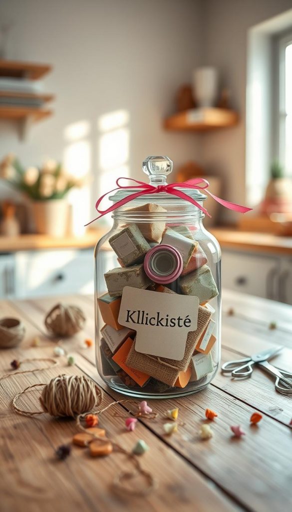 A beautifully arranged gift jar ("Geschenkglas") prominently in the foreground, filled with colorful, handmade DIY gifts like small handcrafted soaps, organic herbal sachets, and vibrant ribbons, conveying a sense of creativity and charm. The middle ground features a soft, rustic wooden table adorned with scattered crafting materials &ndash; twine, scissors, and little embellishments like dried flowers. The background has a gently blurred, warm-toned kitchen setting, illuminated by natural light streaming through a window, creating an inviting and cozy atmosphere. Capture the scene from a slightly elevated angle to showcase the details in the jar and the crafting materials. Include a subtle branding element of "KlickKiste" in the design of the jar, enhancing the visual appeal while ensuring a Pinterest-worthy aesthetic.