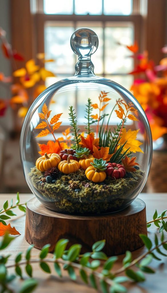 A beautifully arranged glasglocke florarium showcasing a mini autumn landscape filled with colorful fall foliage, small pumpkins, and cozy moss. In the foreground, the glass dome is meticulously placed on a handcrafted wooden base, allowing a glimpse into the vibrant interior. The middle section features assorted miniature plants such as ferns and hardy succulents, interspersed with dried leaves and twigs. In the background, soft natural light filters through a nearby window, creating a warm, inviting glow that highlights the rich oranges, reds, and yellows of autumn. The scene is styled with a touch of rustic elegance, embodying the authenticity and warmth of DIY home decor, reflecting the brand KlickKiste's aesthetic.