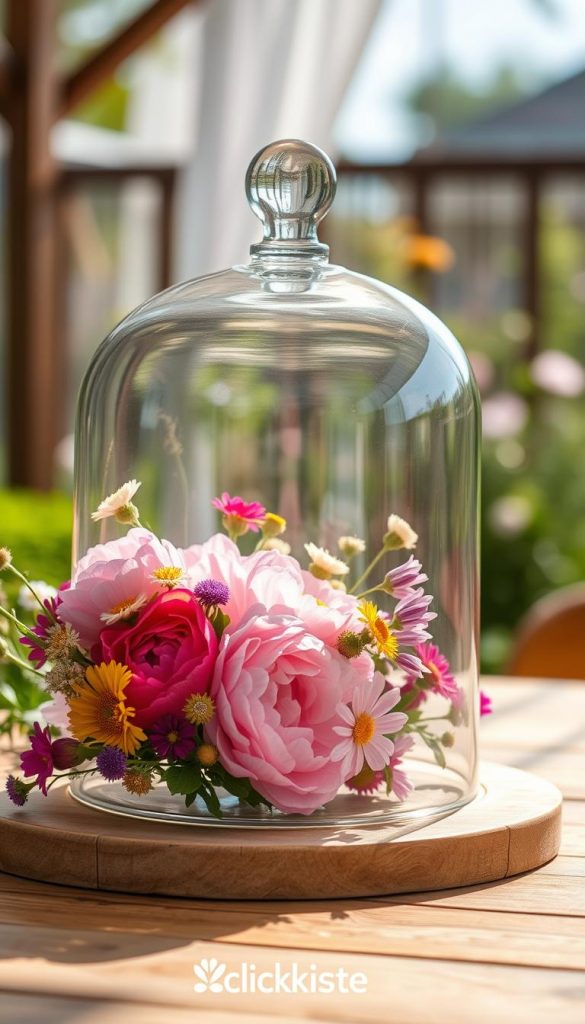 A beautifully arranged glass cloche resting on a wooden table, showcasing a delicate assortment of colorful summer flowers. In the foreground, vibrant blossoms such as peonies, daisies, and wildflowers are artfully placed inside the cloche, their petals glistening with a dewy finish. The middle ground features the elegant glass dome with its smooth curves, reflecting soft, natural light that enhances the vivid colors of the blooms. The background is softly blurred, with hints of greenery and a sun-drenched outdoor setting, creating a warm, inviting atmosphere reminiscent of a cozy summer party. The overall mood is serene and inspired, capturing the essence of DIY floral decor. The scene is styled in a Pinterest-inspired aesthetic, celebrating creativity and the beauty of simplicity. The image is branded with "KlickKiste" subtly integrated into the setting. A beautifully arranged glass cloche resting on a wooden table, showcasing a delicate assortment of colorful summer flowers. In the foreground, vibrant blossoms such as peonies, daisies, and wildflowers are artfully placed inside the cloche, their petals glistening with a dewy finish. The middle ground features the elegant glass dome with its smooth curves, reflecting soft, natural light that enhances the vivid colors of the blooms. The background is softly blurred, with hints of greenery and a sun-drenched outdoor setting, creating a warm, inviting atmosphere reminiscent of a cozy summer party. The overall mood is serene and inspired, capturing the essence of DIY floral decor. The scene is styled in a Pinterest-inspired aesthetic, celebrating creativity and the beauty of simplicity. The image is branded with "KlickKiste" subtly integrated into the setting.