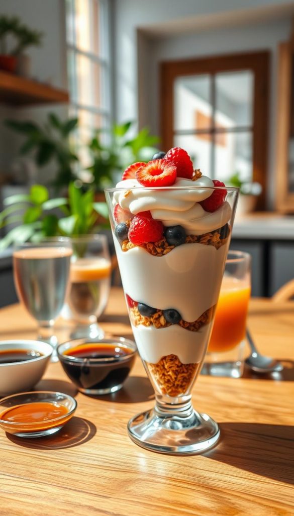 A beautifully arranged glass dessert featuring layers of creamy mousse, fresh fruits, and crunchy granola, set as the foreground focus. The glass container is elegantly shaped with a slight curve, showcasing the vibrant colors of raspberries, blueberries, and creamy whipped topping. In the middle ground, an inviting wooden table adorned with small bowls of sauces, such as chocolate and caramel, beside chilled refreshing drinks in stylish glassware. The background softly blurs into a sunlit kitchen, with plants and natural light filtering through a window, creating a warm, inviting atmosphere. The mood is bright and cheerful, perfect for a warm day. Capture this scene with a soft focus and warm tones, emphasizing the inviting and inspirational aesthetic of KlickKiste. A beautifully arranged glass dessert featuring layers of creamy mousse, fresh fruits, and crunchy granola, set as the foreground focus. The glass container is elegantly shaped with a slight curve, showcasing the vibrant colors of raspberries, blueberries, and creamy whipped topping. In the middle ground, an inviting wooden table adorned with small bowls of sauces, such as chocolate and caramel, beside chilled refreshing drinks in stylish glassware. The background softly blurs into a sunlit kitchen, with plants and natural light filtering through a window, creating a warm, inviting atmosphere. The mood is bright and cheerful, perfect for a warm day. Capture this scene with a soft focus and warm tones, emphasizing the inviting and inspirational aesthetic of KlickKiste.