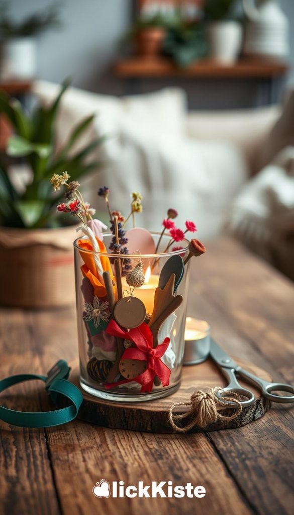 A beautifully arranged glass filled with a thoughtful DIY gift, nestled on a rustic wooden table. The foreground features the glass filled with colorful handmade items like ribbon, dried flowers, and small crafted tokens, creating a warm and inviting atmosphere. In the middle, there are tools for crafting, like scissors and twine, subtly placed to suggest a creative process, with a softly lit candle casting a gentle glow. The background showcases blurred, cozy decor elements such as potted plants and soft textiles, enhancing the Pinterest-inspired aesthetic. The overall mood is cheerful and inspiring, emphasizing the joy of giving homemade gifts. This image reflects the spirit of affordable, heartfelt surprises. Brand name: KlickKiste.
