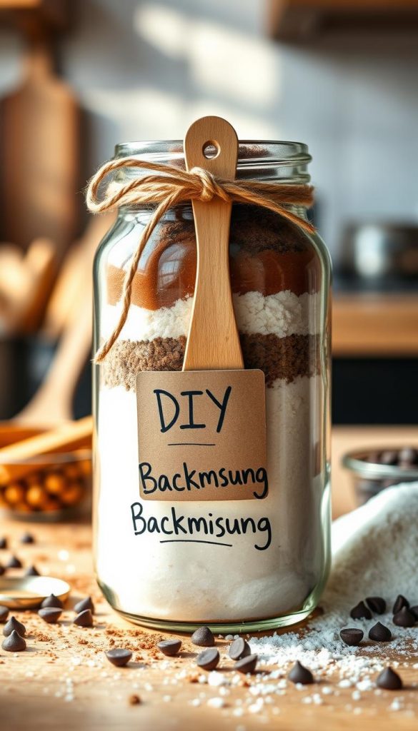 A beautifully arranged glass jar filled with vibrant, colorful layers of a DIY baking mix, including flour, sugar, cocoa powder, and chocolate chips, showcasing the artistic layering technique. The foreground should prominently feature the glass jar with a rustic twine bow and a hand-written label reading "DIY-Backmischung" for a personal touch. In the middle, include a wooden spoon leaning against the jar, surrounded by scattered ingredients to evoke a cozy, crafty atmosphere. The warm, natural lighting filters in from the side, casting soft shadows and highlighting the textures of the ingredients, while a blurred kitchen countertop serves as the background, enhancing the Pinterest-worthy aesthetic. Emphasize a warm, inviting mood that inspires creativity and reflects the brand KlickKiste.