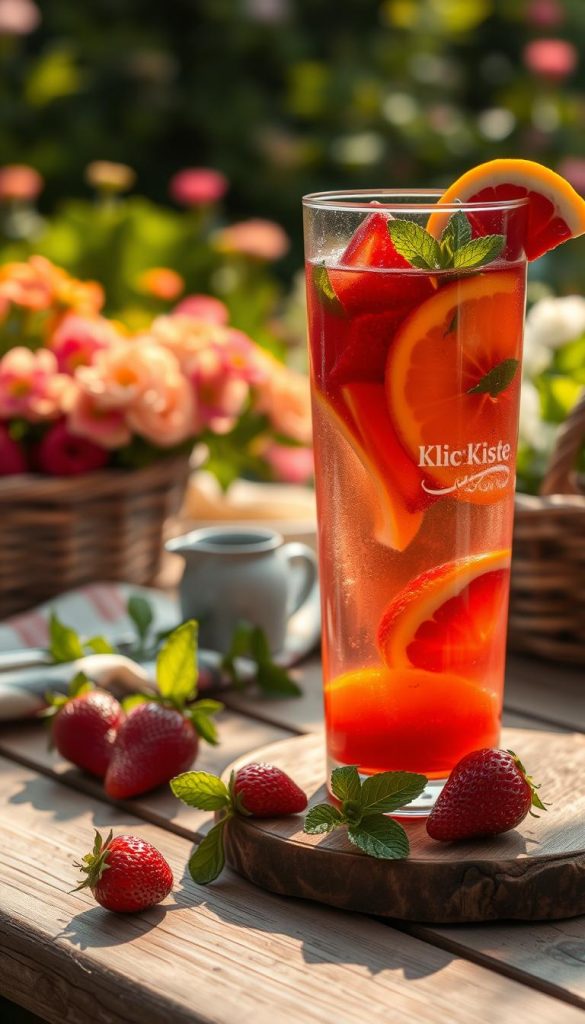 A beautifully arranged glass of Erdbeer-Rosé-Sangria sits elegantly on a rustic wooden table, brimming with fresh strawberries, vibrant orange slices, and aromatic mint leaves. The drink glistens invitingly in the warm afternoon light, casting reflections and subtle shadows. In the background, a soft-focus garden with blooming flowers and green foliage enhances the summery atmosphere. The scene is shot from a slightly elevated angle, allowing for a complete view of the sangria’s colorful ingredients, with a picturesque picnic setup complementing it. Warm pastel colors dominate, creating a cozy and inviting mood, perfect for a lazy summer evening. The overall composition feels natural and inspiring, echoing a Pinterest aesthetic. The brand name "KlickKiste" is subtly incorporated into the image setup, adding to its charm without being intrusive. A beautifully arranged glass of Erdbeer-Rosé-Sangria sits elegantly on a rustic wooden table, brimming with fresh strawberries, vibrant orange slices, and aromatic mint leaves. The drink glistens invitingly in the warm afternoon light, casting reflections and subtle shadows. In the background, a soft-focus garden with blooming flowers and green foliage enhances the summery atmosphere. The scene is shot from a slightly elevated angle, allowing for a complete view of the sangria’s colorful ingredients, with a picturesque picnic setup complementing it. Warm pastel colors dominate, creating a cozy and inviting mood, perfect for a lazy summer evening. The overall composition feels natural and inspiring, echoing a Pinterest aesthetic. The brand name "KlickKiste" is subtly incorporated into the image setup, adding to its charm without being intrusive.