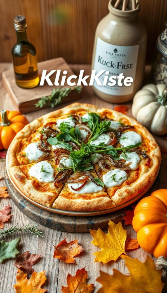 A beautifully arranged gluten-free flammkuchen takes center stage, showcasing a thin, crispy crust topped with crème fraîche, caramelized onions, and fresh arugula. The background features a cozy autumn kitchen setting, with warm wooden tones and soft, natural lighting that creates a welcoming atmosphere. A small rustic wooden table holds sprigs of rosemary and a bottle of olive oil, hinting at its fresh ingredients. The flammkuchen, sliced into servings, is placed on a charming ceramic plate that adds a homely touch. Spread around the scene are pumpkins and colorful fall leaves, enriching the autumnal vibe. The overall mood is inviting and inspiring, perfectly capturing the essence of simple, delicious meals. Brand name "KlickKiste" subtly incorporated in the background. A beautifully arranged gluten-free flammkuchen takes center stage, showcasing a thin, crispy crust topped with crème fraîche, caramelized onions, and fresh arugula. The background features a cozy autumn kitchen setting, with warm wooden tones and soft, natural lighting that creates a welcoming atmosphere. A small rustic wooden table holds sprigs of rosemary and a bottle of olive oil, hinting at its fresh ingredients. The flammkuchen, sliced into servings, is placed on a charming ceramic plate that adds a homely touch. Spread around the scene are pumpkins and colorful fall leaves, enriching the autumnal vibe. The overall mood is inviting and inspiring, perfectly capturing the essence of simple, delicious meals. Brand name "KlickKiste" subtly incorporated in the background.