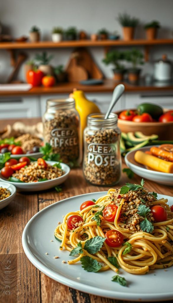 A beautifully arranged gluten-free recipe spread on a rustic wooden table, featuring colorful dishes like quinoa salad, zucchini noodles, and vibrant roasted vegetables. In the foreground, a close-up of a plate showcasing a gluten-free pasta dish garnished with fresh herbs and cherry tomatoes. The middle ground displays a glass jar filled with organic spices, alongside cooking utensils and vibrant ingredients like bell peppers and avocados. In the background, a softly lit kitchen with warm tones, plants on the counter, and an inviting atmosphere. The lighting is natural, mimicking the golden hour, creating a cozy and inspiring mood. The image embodies an authentic Pinterest look, reflecting the brand "KlickKiste," and is aimed at capturing a diverse audience interested in dietary variations that are appealing to everyone. A beautifully arranged gluten-free recipe spread on a rustic wooden table, featuring colorful dishes like quinoa salad, zucchini noodles, and vibrant roasted vegetables. In the foreground, a close-up of a plate showcasing a gluten-free pasta dish garnished with fresh herbs and cherry tomatoes. The middle ground displays a glass jar filled with organic spices, alongside cooking utensils and vibrant ingredients like bell peppers and avocados. In the background, a softly lit kitchen with warm tones, plants on the counter, and an inviting atmosphere. The lighting is natural, mimicking the golden hour, creating a cozy and inspiring mood. The image embodies an authentic Pinterest look, reflecting the brand "KlickKiste," and is aimed at capturing a diverse audience interested in dietary variations that are appealing to everyone.