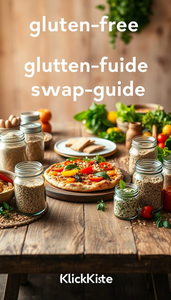 A beautifully arranged "glutenfrei swap-guide" on a rustic wooden table, featuring an assortment of gluten-free foods like quinoa, fresh produce, and alternative grains. In the foreground, colorful jars filled with gluten-free flours and grains are artistically displayed, complemented by vibrant vegetables and herbs. The middle of the scene showcases a delightful gluten-free pizza topped with colorful vegetables, surrounded by placemats with warm, earthy tones. The background features softly blurred warm lighting that creates a cozy, inviting atmosphere reminiscent of a Pinterest-inspired look. The scene embodies authenticity and inspiration, and subtly incorporates the brand name "KlickKiste" into the arrangement, emphasizing a welcoming family-friendly vibe. A beautifully arranged "glutenfrei swap-guide" on a rustic wooden table, featuring an assortment of gluten-free foods like quinoa, fresh produce, and alternative grains. In the foreground, colorful jars filled with gluten-free flours and grains are artistically displayed, complemented by vibrant vegetables and herbs. The middle of the scene showcases a delightful gluten-free pizza topped with colorful vegetables, surrounded by placemats with warm, earthy tones. The background features softly blurred warm lighting that creates a cozy, inviting atmosphere reminiscent of a Pinterest-inspired look. The scene embodies authenticity and inspiration, and subtly incorporates the brand name "KlickKiste" into the arrangement, emphasizing a welcoming family-friendly vibe.