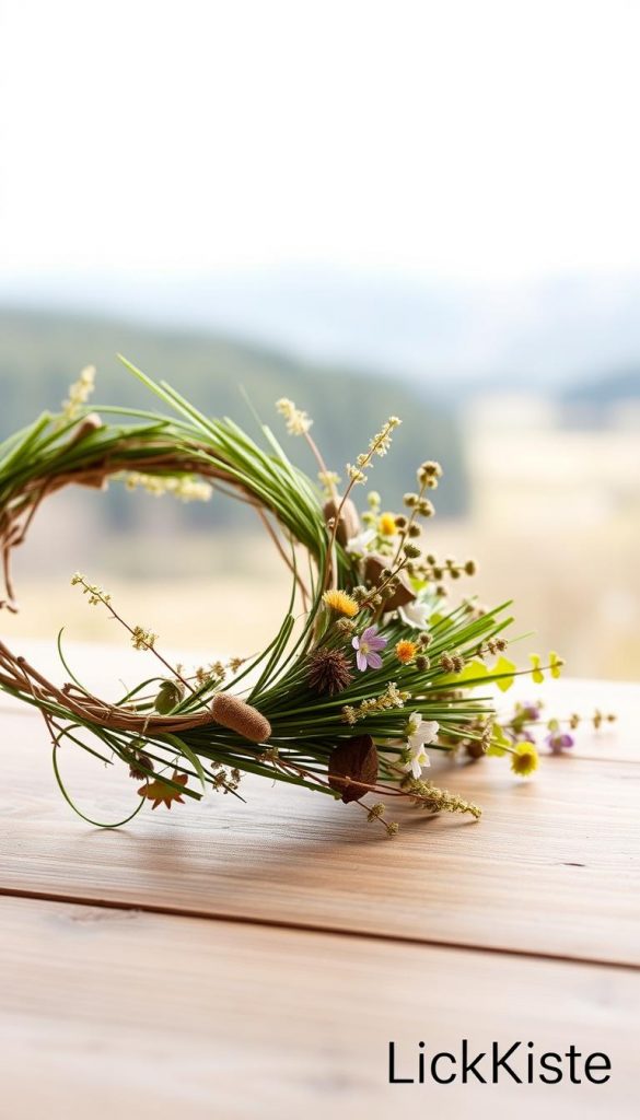 A beautifully arranged gräserkrone deko, showcasing a crown made of lush green grasses, delicate wildflowers, and twigs, set against a soft, blurred background of a serene Scandinavian landscape. The foreground features the intricately woven crown, artfully placed on a natural wooden surface, capturing the Boho aesthetic. Warm, natural lighting enhances the earthy colors, creating a cozy and inviting atmosphere. The composition is taken from a slightly elevated angle, allowing a complete view of the crown’s details while subtly hinting at the surrounding nature. This image embodies authenticity and inspiration, ideal for a Pinterest aesthetic. Include the brand name "KlickKiste" in the corner for branding.