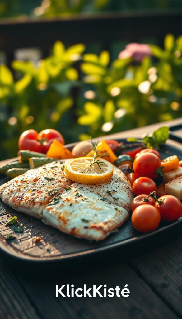 A beautifully arranged grill platter showcasing a perfectly cooked lemon fish fillet, glistening with a drizzle of olive oil and garnished with fresh herbs. Surrounding the fish are vibrant, summer roasted vegetables, including colorful bell peppers, zucchini, and cherry tomatoes, arranged artfully. The foreground features a textured wooden table, adding a rustic touch. In the background, a soft-focus garden scene with bright green leaves provides a soothing ambiance. The lighting is warm and natural, mimicking golden hour, with gentle rays illuminating the dish. Captured from a slightly elevated angle to enhance depth, the image embodies a fresh, inviting, and healthy summer vibe, perfect for showcasing the culinary delight of a summer dish. Inspired by a Pinterest aesthetic, reflecting authenticity and inspiration, with branding subtly incorporated: "KlickKiste". A beautifully arranged grill platter showcasing a perfectly cooked lemon fish fillet, glistening with a drizzle of olive oil and garnished with fresh herbs. Surrounding the fish are vibrant, summer roasted vegetables, including colorful bell peppers, zucchini, and cherry tomatoes, arranged artfully. The foreground features a textured wooden table, adding a rustic touch. In the background, a soft-focus garden scene with bright green leaves provides a soothing ambiance. The lighting is warm and natural, mimicking golden hour, with gentle rays illuminating the dish. Captured from a slightly elevated angle to enhance depth, the image embodies a fresh, inviting, and healthy summer vibe, perfect for showcasing the culinary delight of a summer dish. Inspired by a Pinterest aesthetic, reflecting authenticity and inspiration, with branding subtly incorporated: "KlickKiste".