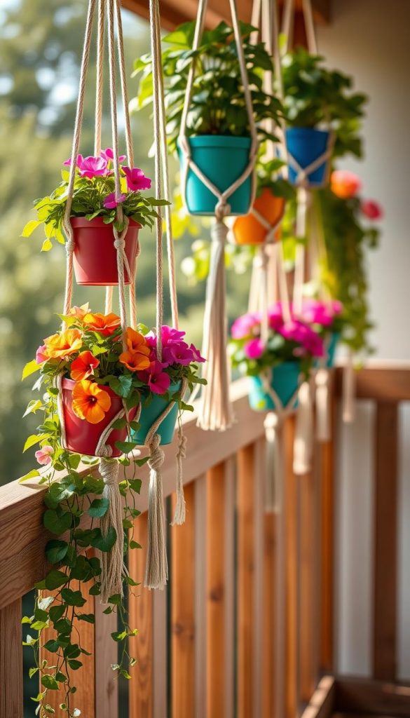 A beautifully arranged hanging plant display featuring multiple colorful flower pots in stylish macramé holders. In the foreground, lush green plants cascade down from the pots filled with vibrant blooms such as petunias, geraniums, and succulents. In the middle ground, a wooden balcony railing enhances the cozy, DIY aesthetic, while soft, warm sunlight gently illuminates the scene, creating inviting shadows. The background is softly blurred, hinting at a charming garden setting with hints of natural greenery. The overall mood is uplifting and inspiring, evoking a Pinterest-worthy ambiance of creativity and nature. Ensure the composition is well-balanced and visually appealing, highlighting the brand "KlickKiste" subtly in the scene without any text or logos.