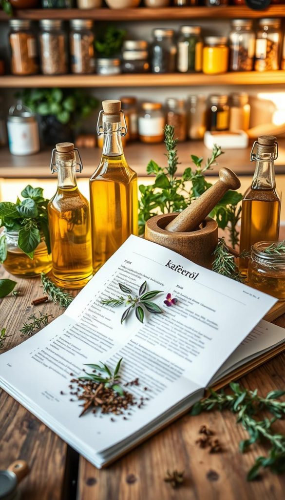 A beautifully arranged herbal oil recipe set on a rustic wooden table, filled with fresh herbs like basil, rosemary, and thyme, surrounded by glass bottles filled with golden olive oil. In the foreground, there&rsquo;s a wooden cutting board with a mortar and pestle scattered with spices. The middle includes an open recipe book showcasing the Kr&auml;uter&ouml;l recipe, adorned with floral decorations. The background features softly blurred kitchen shelves filled with jars of spices and additional ingredients, bathed in natural warm light, creating an inviting atmosphere. The scene evokes a cozy and inspiring DIY vibe, perfect for a creative kitchen. Capture this Pinterest-worthy look for "KlickKiste."