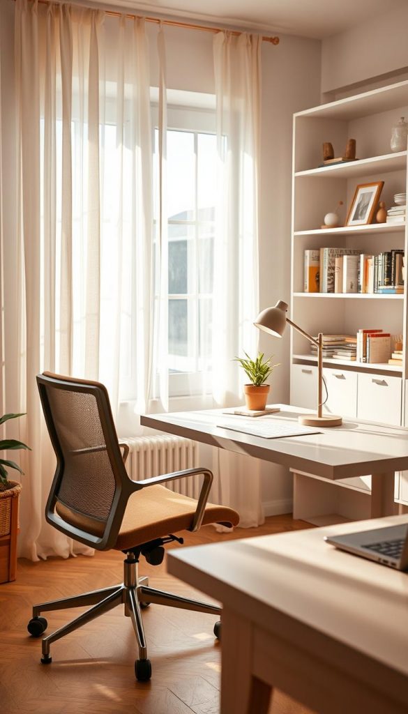 A beautifully arranged home office space embodying the concept of "licht" with a focus on natural light and warm colors. In the foreground, a sleek, ergonomic desk features a stylish lamp emitting soft, diffused light, casting gentle shadows. To the left, a comfortable, modern chair in soft fabric invites productivity. The middle ground showcases a large window with sheer curtains, allowing sunlight to flood the room, enhancing the inviting atmosphere. A small potted plant on the desk adds a touch of nature. In the background, shelves filled with neatly organized books and decorative items contribute to a clutter-free environment, avoiding visual distraction. Overall, this image should evoke a sense of calm, inspiration, and warmth in the home office setup. The aesthetic leans towards a Pinterest-inspired DIY look, reflecting authenticity and creativity, showcasing the brand "KlickKiste."