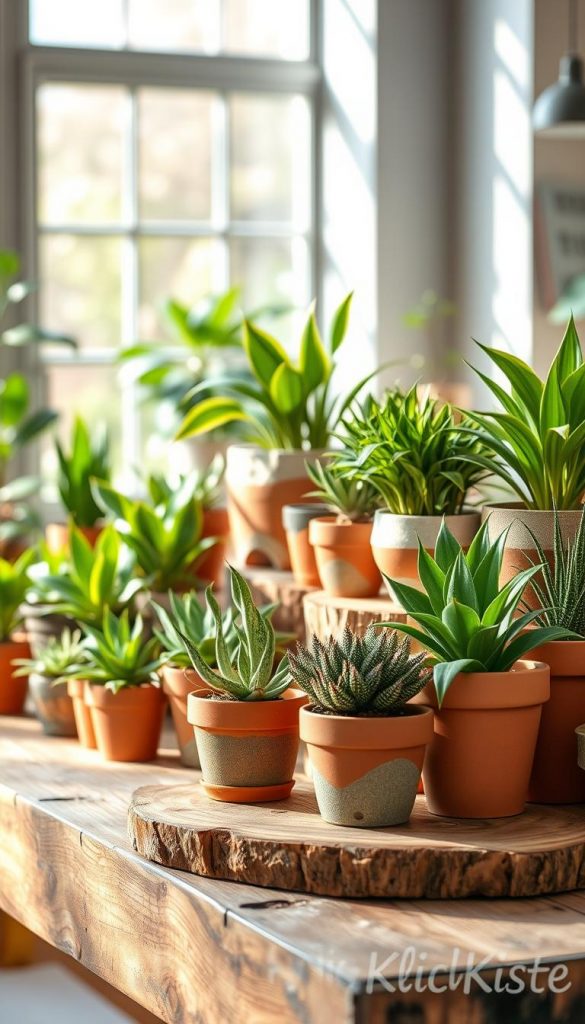 A beautifully arranged "idee topf" display featuring a variety of DIY planters, including terracotta pots, wooden containers, and repurposed materials, all showcasing vibrant greenery. In the foreground, highlight a rustic wooden table adorned with creative and colorful plant arrangements. The middle layer should include lush houseplants like snake plants and succulents, artfully arranged in unique, handmade pots that reflect modern design aesthetics. The background features a softly blurred indoor environment with natural light streaming through a large window, casting warm shadows and creating an inviting atmosphere. The overall mood is authentic and inspiring, embodying a Pinterest-worthy look that showcases the creativity of home gardening. This image is presented under the brand name "KlickKiste".