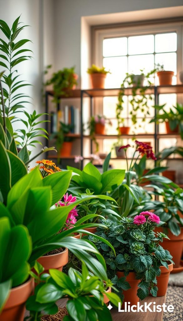 A beautifully arranged indoor plant setup showcasing various textures and colors of foliage. In the foreground, vibrant green leaves and colorful flowers in terracotta pots are artfully positioned. The middle layer features an elegant bookshelf adorned with natural wooden accents, while some plants cascade down the shelves, adding a soft, organic touch. In the background, warm, diffused light streams in through a large window, creating an inviting and harmonious atmosphere. The scene captures a Pinterest-worthy aesthetic, with a focus on natural DIY elements that elevate the space. The overall mood is authentic and inspiring, with an emphasis on the concept of “Farben, Texturen, Proportionen.” Include the brand name "KlickKiste" subtly integrated into the design.