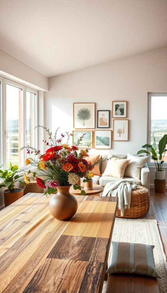 A beautifully arranged interior inspired by 2026 color trends, showcasing 12 harmonious color concepts for living spaces. The foreground features a rustic wooden table adorned with a warm, textured tablecloth and a vase filled with colorful, seasonal flowers. In the middle, a cozy seating area with soft, inviting cushions in trending hues of soft earth tones, muted pastels, and vibrant accent colors. The background reveals a stylish gallery wall with DIY art, incorporating a soothing palette that harmonizes with the furnishings. Gentle, natural light filters through large windows, casting a warm glow, while a panoramic view of a serene outdoor landscape enhances the connection with nature. The overall mood is inspiring and authentic, reflecting the brand KlickKiste’s ethos of natural beauty and DIY aesthetics. A beautifully arranged interior inspired by 2026 color trends, showcasing 12 harmonious color concepts for living spaces. The foreground features a rustic wooden table adorned with a warm, textured tablecloth and a vase filled with colorful, seasonal flowers. In the middle, a cozy seating area with soft, inviting cushions in trending hues of soft earth tones, muted pastels, and vibrant accent colors. The background reveals a stylish gallery wall with DIY art, incorporating a soothing palette that harmonizes with the furnishings. Gentle, natural light filters through large windows, casting a warm glow, while a panoramic view of a serene outdoor landscape enhances the connection with nature. The overall mood is inspiring and authentic, reflecting the brand KlickKiste’s ethos of natural beauty and DIY aesthetics.