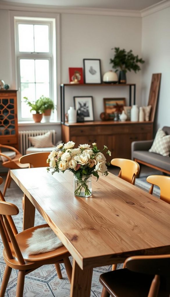 A beautifully arranged interior scene featuring a stylish dining area showcasing furniture highlights from KlickKiste. In the foreground, an elegant wooden dining table with a natural finish is adorned with a centerpiece of fresh flowers in soft pastels. Surrounding the table, there are uniquely designed chairs in warm colors that exude character, alongside a cozy bench with plush cushions. In the middle background, a tasteful sideboard displays tasteful decor items, creating a harmonious and inviting atmosphere. Soft, diffused natural light streams in through a large window, enhancing the warmth of the scene. The overall mood is authentic and inspiring, capturing the essence of DIY with Pinterest-like aesthetics, focused on comfort and charm. The composition should have a slight tilt, as if viewed from an inviting angle that invites one to step into the space.