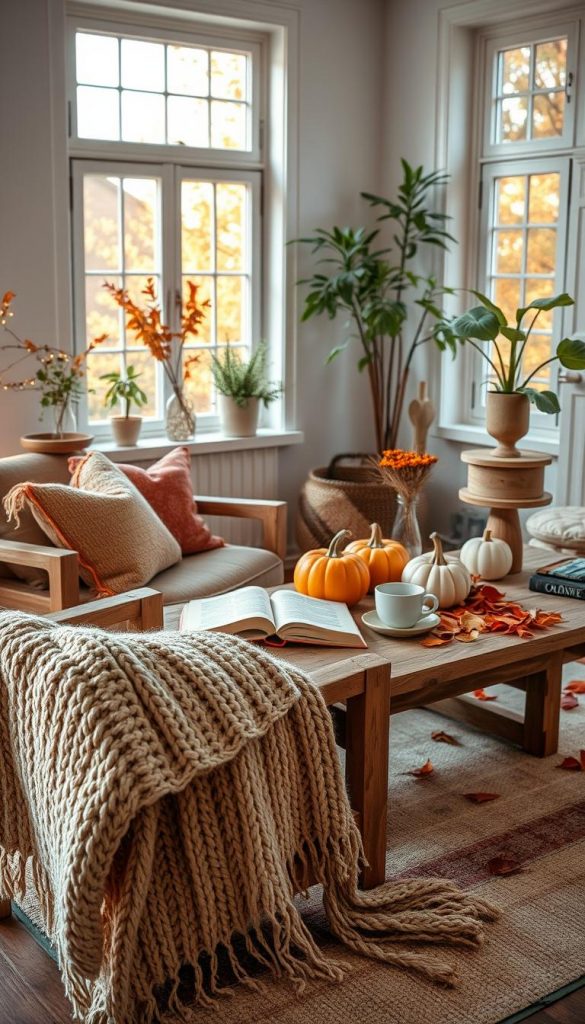 A beautifully arranged interior scene showcasing a harmonious blend of Scandi, Boho, and Castlecore styles for a warm autumn feel. In the foreground, feature a cozy, textured knitted throw draped over a rustic wooden chair, paired with some soft pillows in rich earthy tones. In the middle, an inviting coffee table laden with decorative pumpkins, a vintage book, and a warm cup of tea, all surrounded by dried autumn leaves. The background should display a softly lit room with large windows allowing golden autumn sunlight to filter through, illuminating a collection of indoor plants. Enhance the atmosphere with a touch of vintage decor, including fairy lights subtly twinkling. Capture this image at a 35mm lens perspective to create a personal, intimate vibe. Inspired by the art of "KlickKiste."