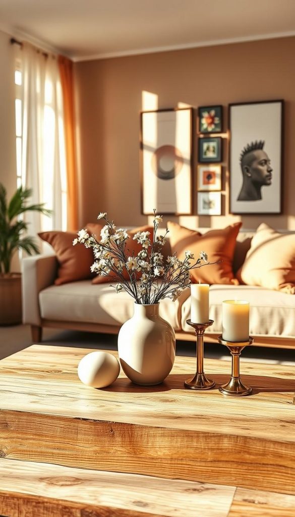 A beautifully arranged interior scene showcasing a harmonious blend of warm colors, emphasizing light and shine for a luxurious yet affordable décor. In the foreground, a stylish coffee table made of reclaimed wood is adorned with elegant decorative items from "KlickKiste", including a soft-colored vase filled with fresh flowers and simple, chic candles. The middle layer reveals a cozy seating area with plush cushions in complementary tones, positioned to catch natural light filtering in through softly draped sheer curtains. In the background, a tastefully decorated wall featuring art pieces that convey color balance and radiant glow. The overall atmosphere is inviting and inspirational, encapsulating a modern Pinterest aesthetic with an emphasis on DIY warmth and elegance. The lighting is soft yet uplifting, creating an ambiance that highlights the beauty and functionality of a well-planned light concept. A beautifully arranged interior scene showcasing a harmonious blend of warm colors, emphasizing light and shine for a luxurious yet affordable décor. In the foreground, a stylish coffee table made of reclaimed wood is adorned with elegant decorative items from "KlickKiste", including a soft-colored vase filled with fresh flowers and simple, chic candles. The middle layer reveals a cozy seating area with plush cushions in complementary tones, positioned to catch natural light filtering in through softly draped sheer curtains. In the background, a tastefully decorated wall featuring art pieces that convey color balance and radiant glow. The overall atmosphere is inviting and inspirational, encapsulating a modern Pinterest aesthetic with an emphasis on DIY warmth and elegance. The lighting is soft yet uplifting, creating an ambiance that highlights the beauty and functionality of a well-planned light concept.