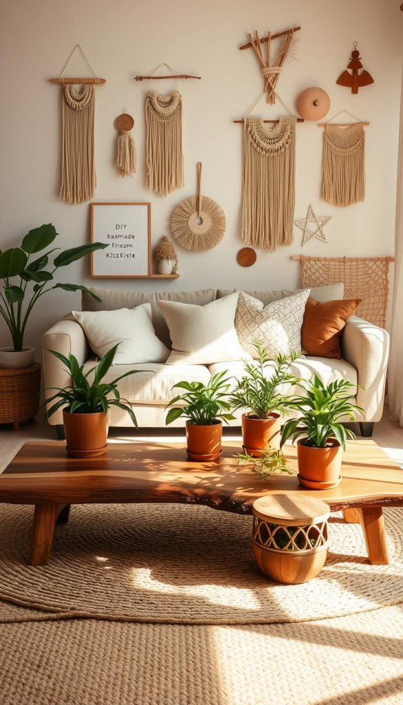 A beautifully arranged interior showcasing budget-friendly decor using natural materials. In the foreground, a cozy living room features a soft, woven rug and a coffee table made of reclaimed wood, adorned with green plants in terracotta pots. In the middle, a sofa with neutral tones is decorated with pillows made from organic fabrics. Rays of warm sunlight filter through sheer curtains, casting soft shadows. The background includes shelves displaying handmade crafts from "KlickKiste," emphasizing DIY elements like macramé wall hangings and bamboo accents. The overall mood is inviting and inspiring, embodying a Pinterest aesthetic with warm, earthy colors and a harmonious blend of nature and simplicity. Capture this scene with a daylight setting, using a slightly elevated angle for depth. A beautifully arranged interior showcasing budget-friendly decor using natural materials. In the foreground, a cozy living room features a soft, woven rug and a coffee table made of reclaimed wood, adorned with green plants in terracotta pots. In the middle, a sofa with neutral tones is decorated with pillows made from organic fabrics. Rays of warm sunlight filter through sheer curtains, casting soft shadows. The background includes shelves displaying handmade crafts from "KlickKiste," emphasizing DIY elements like macramé wall hangings and bamboo accents. The overall mood is inviting and inspiring, embodying a Pinterest aesthetic with warm, earthy colors and a harmonious blend of nature and simplicity. Capture this scene with a daylight setting, using a slightly elevated angle for depth.