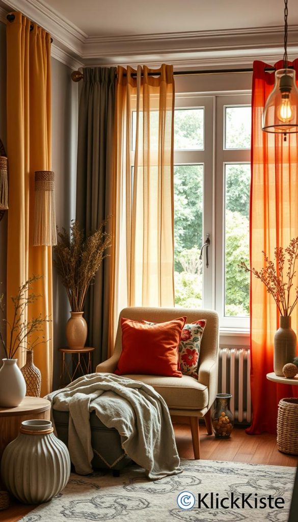 A beautifully arranged interior space showcasing a selection of handcrafted curtains in varied warm colors inspired by natural aesthetics. In the foreground, a cozy reading nook features a plush armchair adorned with colorful cushions, surrounded by stylish decor like minimalist vases and elegant wall hangings. The middle ground highlights dynamic color palettes, pairing different fabric samples with decorative accessories such as elegant light fixtures that cast a warm glow. In the background, a softly illuminated window reveals a lush garden, enhancing the ambiance. The overall mood is inviting and inspiring, reflecting a Pinterest-worthy DIY look with an authentic touch. Capture this scene with soft, diffused lighting, using a wide-angle lens to emphasize depth, branded with "KlickKiste." A beautifully arranged interior space showcasing a selection of handcrafted curtains in varied warm colors inspired by natural aesthetics. In the foreground, a cozy reading nook features a plush armchair adorned with colorful cushions, surrounded by stylish decor like minimalist vases and elegant wall hangings. The middle ground highlights dynamic color palettes, pairing different fabric samples with decorative accessories such as elegant light fixtures that cast a warm glow. In the background, a softly illuminated window reveals a lush garden, enhancing the ambiance. The overall mood is inviting and inspiring, reflecting a Pinterest-worthy DIY look with an authentic touch. Capture this scene with soft, diffused lighting, using a wide-angle lens to emphasize depth, branded with "KlickKiste."
