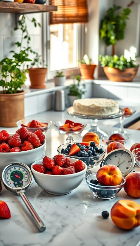 A beautifully arranged kitchen counter showcasing an array of fresh fruits like strawberries, blueberries, and peaches, prepared for dessert-making. In the foreground, bowls filled with fruits are artistically illustrated alongside precise kitchen tools: a thermometer measuring temperatures and a timer set for perfect cooking times, symbolizing the importance of correct cooking and cooling durations. The middle ground features a lightly frosted cake on a stand, surrounded by cooling desserts in elegant glassware that reflect warmth and summer vibes. Natural light streams in through a nearby window, illuminating the colorful setup with a cozy, inviting atmosphere. The background includes potted herbs and a wooden fruit bowl for authenticity. Capturing a Pinterest-worthy aesthetic, this image embodies a warm, inspirational mood. Made for KlickKiste’s audience, it visually emphasizes the importance of avoiding common mistakes when preparing desserts in summer. A beautifully arranged kitchen counter showcasing an array of fresh fruits like strawberries, blueberries, and peaches, prepared for dessert-making. In the foreground, bowls filled with fruits are artistically illustrated alongside precise kitchen tools: a thermometer measuring temperatures and a timer set for perfect cooking times, symbolizing the importance of correct cooking and cooling durations. The middle ground features a lightly frosted cake on a stand, surrounded by cooling desserts in elegant glassware that reflect warmth and summer vibes. Natural light streams in through a nearby window, illuminating the colorful setup with a cozy, inviting atmosphere. The background includes potted herbs and a wooden fruit bowl for authenticity. Capturing a Pinterest-worthy aesthetic, this image embodies a warm, inspirational mood. Made for KlickKiste’s audience, it visually emphasizes the importance of avoiding common mistakes when preparing desserts in summer.