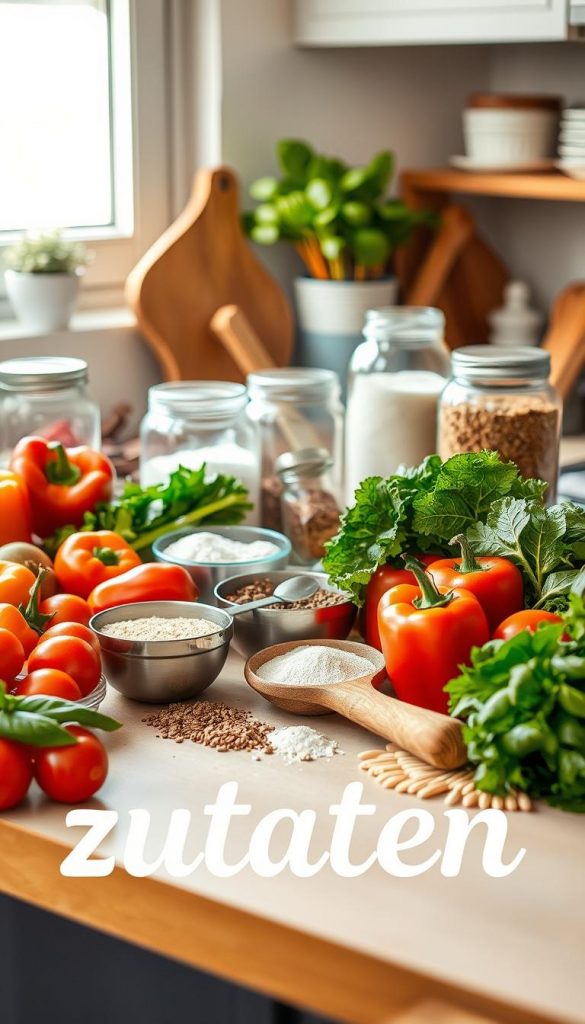 A beautifully arranged kitchen countertop displaying a variety of fresh ingredients for cooking, representing the concept of "zutaten" (ingredients). In the foreground, there are vibrant vegetables like bell peppers, tomatoes, and leafy greens, alongside jars of spices and grains. The middle section features measuring cups filled with flour and sugar, with a rustic wooden spoon resting nearby. In the background, soft natural light filters through a window, casting warm, inviting tones across the scene, enhancing the cozy atmosphere of a home kitchen. The image conveys a sense of authenticity and inspiration, customized for the brand "KlickKiste". The overall composition should have a Pinterest-worthy aesthetic, inviting viewers to explore the joy of cooking and recipe planning in a structured manner.