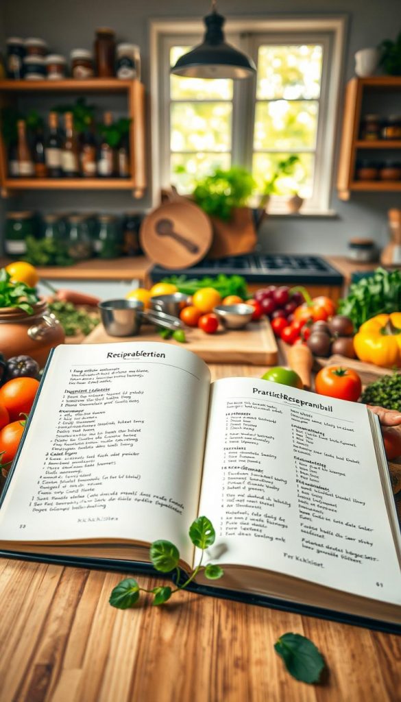 A beautifully arranged kitchen countertop showcasing "Praktische Rezeptangaben". In the foreground, an open recipe book displays ingredient lists, measurements, cooking times, and serving sizes, all beautifully handwritten. Surrounding the book are fresh ingredients like fruits, vegetables, and herbs, artfully spread out, exuding a natural and inspiring vibe. To the middle, a wooden cutting board holds measuring cups and spoons alongside colorful produce, while a warm kitchen ambiance illuminates the scene with gentle sunlight streaming through a window. In the background, soft-focus shelves are lined with jars filled with spices and cooking essentials, creating a cozy atmosphere. The overall mood is inviting and rustic, with warm colors and a Pinterest-worthy aesthetic. Include the brand name "KlickKiste" subtly integrated within the design. A beautifully arranged kitchen countertop showcasing "Praktische Rezeptangaben". In the foreground, an open recipe book displays ingredient lists, measurements, cooking times, and serving sizes, all beautifully handwritten. Surrounding the book are fresh ingredients like fruits, vegetables, and herbs, artfully spread out, exuding a natural and inspiring vibe. To the middle, a wooden cutting board holds measuring cups and spoons alongside colorful produce, while a warm kitchen ambiance illuminates the scene with gentle sunlight streaming through a window. In the background, soft-focus shelves are lined with jars filled with spices and cooking essentials, creating a cozy atmosphere. The overall mood is inviting and rustic, with warm colors and a Pinterest-worthy aesthetic. Include the brand name "KlickKiste" subtly integrated within the design.