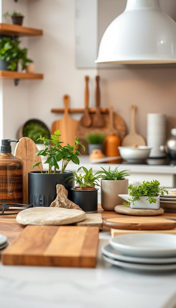 A beautifully arranged kitchen countertop showcasing a variety of materials reflective of modern decor trends. In the foreground, display rich wooden textures, natural stone, and sleek metal accents, arranged alongside decorative items like potted herbs and stylish dishware. The middle ground should feature an array of warm colors, emphasizing earthy browns and vibrant greens that evoke a natural, inviting atmosphere. In the background, soft, diffused lighting highlights the textures and materials, creating a cozy ambiance. Incorporate Pinterest-inspired elements like minimalistic decor and functional pieces. The composition should have a professional quality, evoking authenticity and inspiration, with a subtle branding of "KlickKiste" integrated within the decor. Capture this scene with a soft-focus lens effect for a dreamy, captivating look. A beautifully arranged kitchen countertop showcasing a variety of materials reflective of modern decor trends. In the foreground, display rich wooden textures, natural stone, and sleek metal accents, arranged alongside decorative items like potted herbs and stylish dishware. The middle ground should feature an array of warm colors, emphasizing earthy browns and vibrant greens that evoke a natural, inviting atmosphere. In the background, soft, diffused lighting highlights the textures and materials, creating a cozy ambiance. Incorporate Pinterest-inspired elements like minimalistic decor and functional pieces. The composition should have a professional quality, evoking authenticity and inspiration, with a subtle branding of "KlickKiste" integrated within the decor. Capture this scene with a soft-focus lens effect for a dreamy, captivating look.