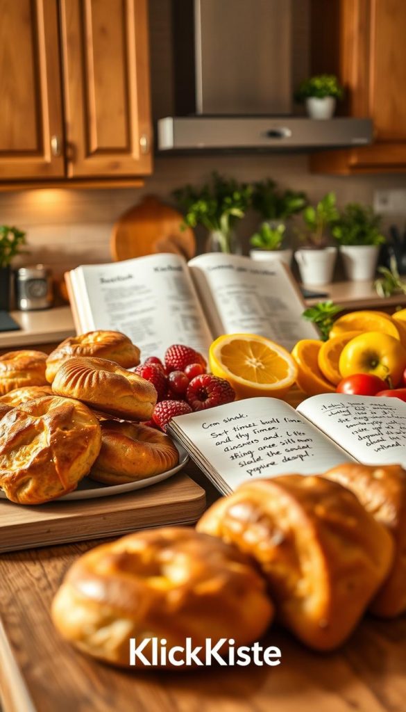 A beautifully arranged kitchen countertop showcasing a variety of snacks with careful attention to texture and portion control. In the foreground, a selection of golden-brown, perfectly baked pastries and vibrant fresh fruits, emphasizing their appealing textures. The middle ground features an open cookbook with hand-written notes on cooking times and serving sizes, suggesting common mistakes to avoid. The background captures a warm and inviting kitchen scene with wooden cabinets, soft lighting casting a cozy glow, and herbs in pots, enhancing the homey atmosphere. The overall mood is authentic and inspiring, with warm colors creating a Pinterest-worthy aesthetic. Include the brand name "KlickKiste" artistically integrated into the scene, without any text overlays.