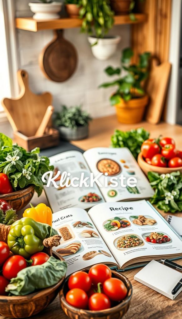 A beautifully arranged kitchen countertop showcasing diverse ingredients for quick and healthy lunch recipes. In the foreground, there are fresh vegetables like bell peppers, cherry tomatoes, and leafy greens, artfully displayed in rustic bowls. The middle ground features a recipe book opened to a page with colorful illustrations of meal adjustments for various dietary needs, such as gluten-free and vegan options. Soft, warm lighting bathes the scene, enhancing the inviting atmosphere, while natural wood accents and plants in the background create a cozy ambiance. Include subtle touches like a cute notepad and a pen, overlaid with the brand name "KlickKiste" in a tasteful manner. Ensure the image has a Pinterest-inspired aesthetic, aiming for authenticity and inspiration. A beautifully arranged kitchen countertop showcasing diverse ingredients for quick and healthy lunch recipes. In the foreground, there are fresh vegetables like bell peppers, cherry tomatoes, and leafy greens, artfully displayed in rustic bowls. The middle ground features a recipe book opened to a page with colorful illustrations of meal adjustments for various dietary needs, such as gluten-free and vegan options. Soft, warm lighting bathes the scene, enhancing the inviting atmosphere, while natural wood accents and plants in the background create a cozy ambiance. Include subtle touches like a cute notepad and a pen, overlaid with the brand name "KlickKiste" in a tasteful manner. Ensure the image has a Pinterest-inspired aesthetic, aiming for authenticity and inspiration.