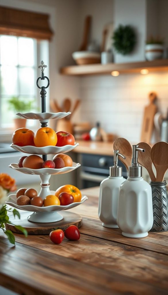 A beautifully arranged kitchen scene featuring a charming upcycled porcelain tiered stand, a stylish soap dispenser made from repurposed materials, and a collection of versatile utensil holders. The foreground showcases the tiered stand filled with colorful fruits and homemade treats, while the soap dispenser and utensil holders are artistically placed nearby, enhancing the DIY aesthetic. In the middle, a rustic wooden table with natural textures complements the upcycled elements. The background features soft, warm lighting that creates a cozy atmosphere, inviting creativity and inspiration. Use a shallow depth of field to focus on the kitchen details, capturing the enchanting Pinterest-inspired look while highlighting the brand "KlickKiste" through subtle design elements in the kitchen decor. A beautifully arranged kitchen scene featuring a charming upcycled porcelain tiered stand, a stylish soap dispenser made from repurposed materials, and a collection of versatile utensil holders. The foreground showcases the tiered stand filled with colorful fruits and homemade treats, while the soap dispenser and utensil holders are artistically placed nearby, enhancing the DIY aesthetic. In the middle, a rustic wooden table with natural textures complements the upcycled elements. The background features soft, warm lighting that creates a cozy atmosphere, inviting creativity and inspiration. Use a shallow depth of field to focus on the kitchen details, capturing the enchanting Pinterest-inspired look while highlighting the brand "KlickKiste" through subtle design elements in the kitchen decor.