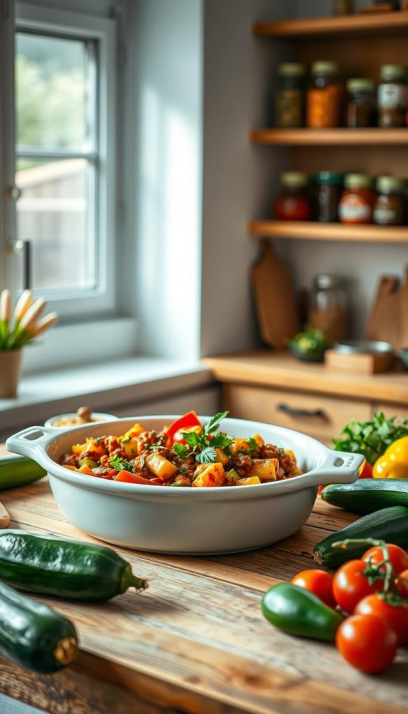 A beautifully arranged kitchen scene featuring a glossy ceramic casserole dish (auflaufform) filled with a colorful one-pot dish, garnished with fresh herbs. The dish is centrally placed on a rustic wooden kitchen table, surrounded by vibrant vegetables like bell peppers, zucchini, and tomatoes, suggesting an inviting meal preparation. In the background, softly lit shelves display neatly organized jars of spices and ingredients, enhancing a warm, homey atmosphere. Natural light filters through a window, casting gentle shadows and highlighting the textures of the table and dish. The overall mood is inspiring and cozy, perfect for busy parents seeking quick meal ideas. This image embodies the essence of efficient cooking, emphasizing the theme of “KlickKiste.” A beautifully arranged kitchen scene featuring a glossy ceramic casserole dish (auflaufform) filled with a colorful one-pot dish, garnished with fresh herbs. The dish is centrally placed on a rustic wooden kitchen table, surrounded by vibrant vegetables like bell peppers, zucchini, and tomatoes, suggesting an inviting meal preparation. In the background, softly lit shelves display neatly organized jars of spices and ingredients, enhancing a warm, homey atmosphere. Natural light filters through a window, casting gentle shadows and highlighting the textures of the table and dish. The overall mood is inspiring and cozy, perfect for busy parents seeking quick meal ideas. This image embodies the essence of efficient cooking, emphasizing the theme of “KlickKiste.”