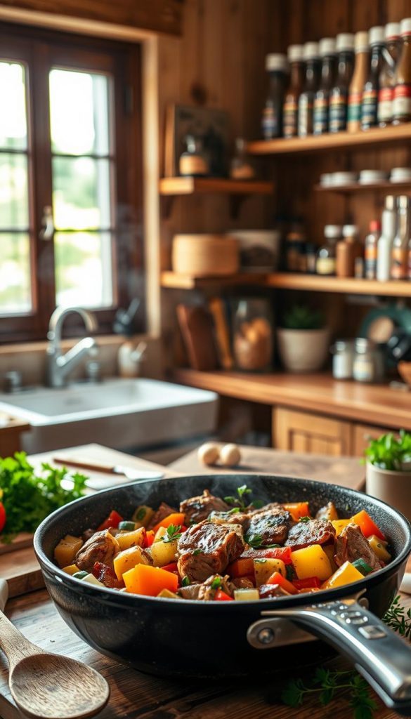 A beautifully arranged kitchen scene featuring a large, seasoned frying pan ('pfanne') at the forefront, filled with a colorful medley of sizzling vegetables and tender pieces of meat, garnished with fresh herbs. Surround the pan with cooking utensils like a wooden spoon and a chopping board, with chopped ingredients artistically placed nearby. In the middle ground, a bright window lets in warm, natural light, highlighting the vibrant colors of the food. The background features rustic wooden shelves filled with spices and cookbooks, creating a cozy and inviting atmosphere. The overall mood is warm, earthy, and uplifting, perfect for illustrating family recipes. Capture this scene with a soft-focus lens to evoke a Pinterest-worthy aesthetic, styled by KlickKiste. A beautifully arranged kitchen scene featuring a large, seasoned frying pan ('pfanne') at the forefront, filled with a colorful medley of sizzling vegetables and tender pieces of meat, garnished with fresh herbs. Surround the pan with cooking utensils like a wooden spoon and a chopping board, with chopped ingredients artistically placed nearby. In the middle ground, a bright window lets in warm, natural light, highlighting the vibrant colors of the food. The background features rustic wooden shelves filled with spices and cookbooks, creating a cozy and inviting atmosphere. The overall mood is warm, earthy, and uplifting, perfect for illustrating family recipes. Capture this scene with a soft-focus lens to evoke a Pinterest-worthy aesthetic, styled by KlickKiste.